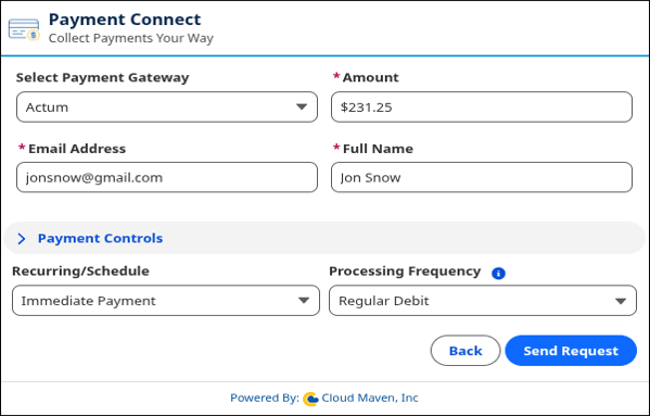 Laptop screen showing Payment Connect form with fields for payment gateway, amount, email, full name, recurring schedule, and processing frequency with buttons Back and Send Request.