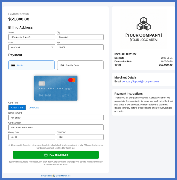 Online payment form showing a $55,000 billing amount with fields for billing address, credit card details including card type, name, number, expiry date, CVV, and a green pay button at the bottom, alongside invoice preview and merchant details.