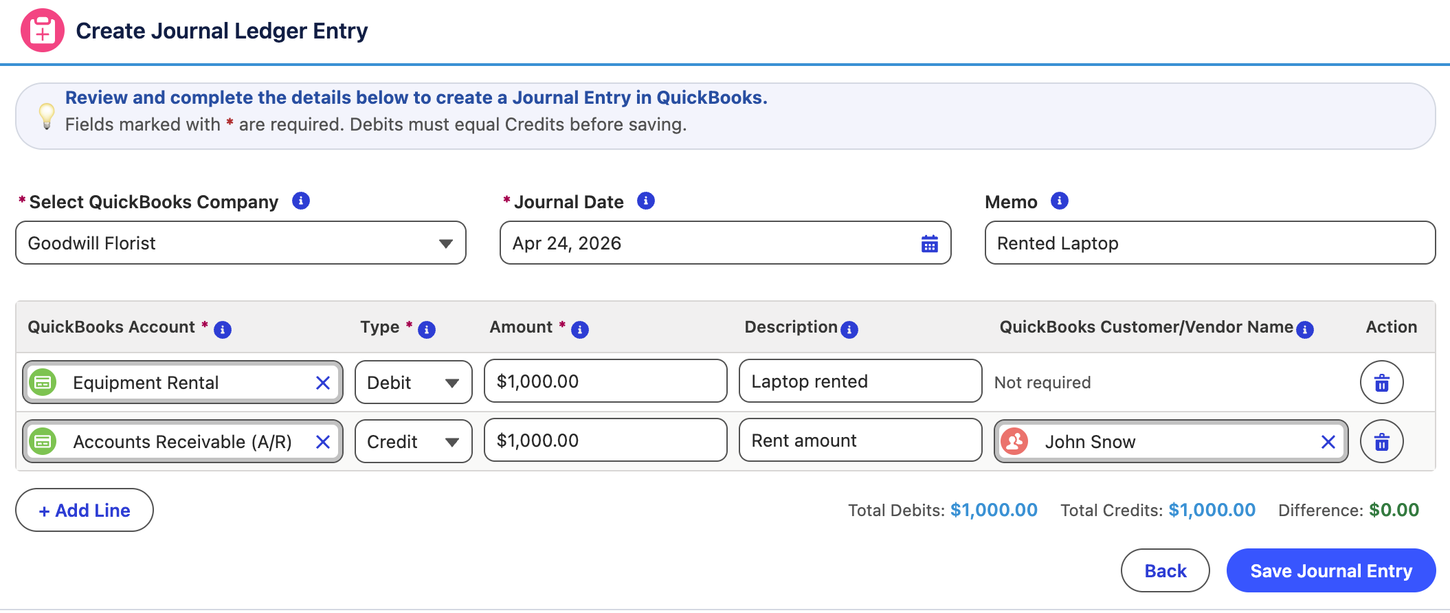Interface for creating a QuickBooks journal ledger entry with fields for company, journal date, memo, accounts with debit and credit amounts, descriptions, and customer/vendor name, showing balanced entries of $1,000.00.