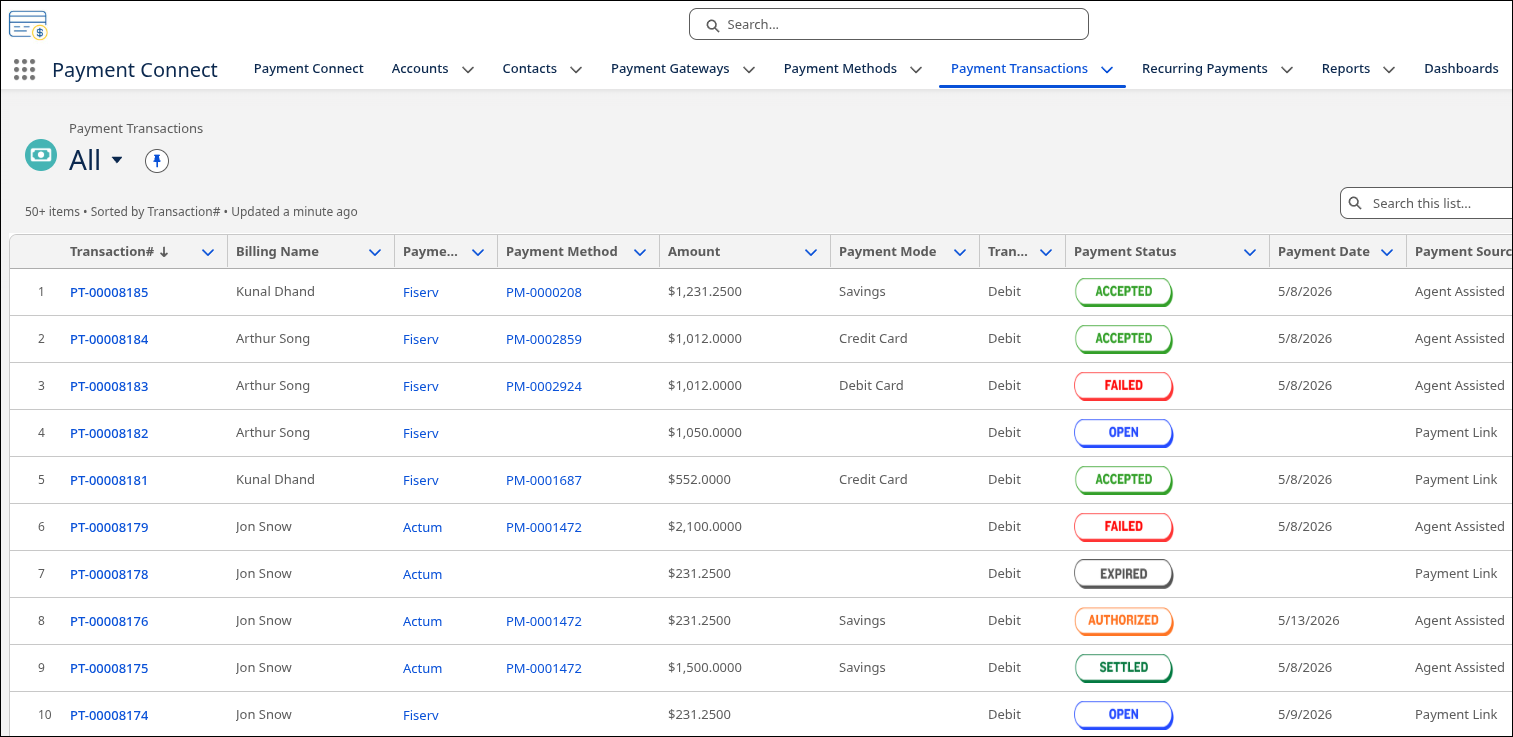 Table of payment transactions showing columns for Transaction ID, Contact, Billing Name, Payment Gateway, Payment Method, Amount, Transaction Type, and Payment Status with various statuses such as Open, Authorized, Accepted, Settled, and Voided.