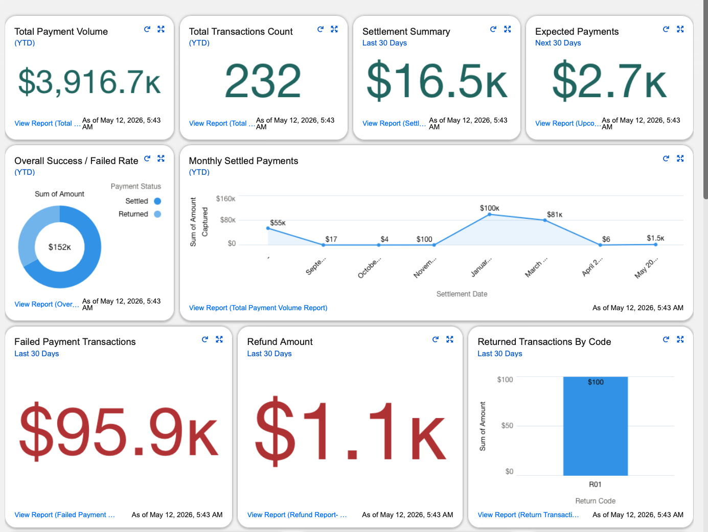 salesforce payments dashboard displaying payment volume, settlement summaries, failed transactions, refunds, ACH payment analytics, and payment processing reports inside Salesforce