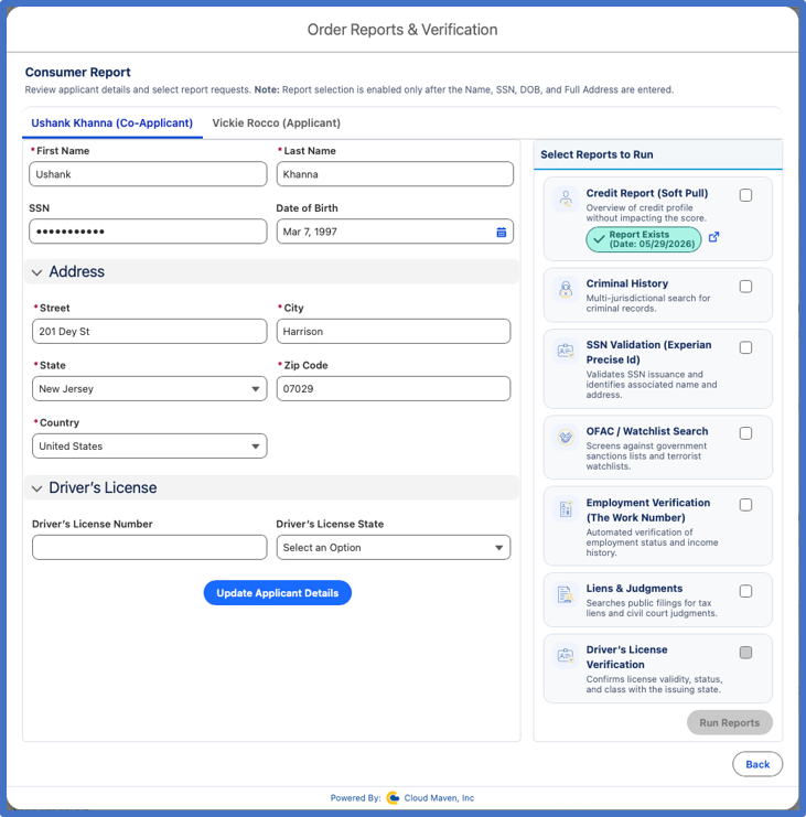 Order Reports & Verification form with applicant details and report options including credit and criminal history checks.