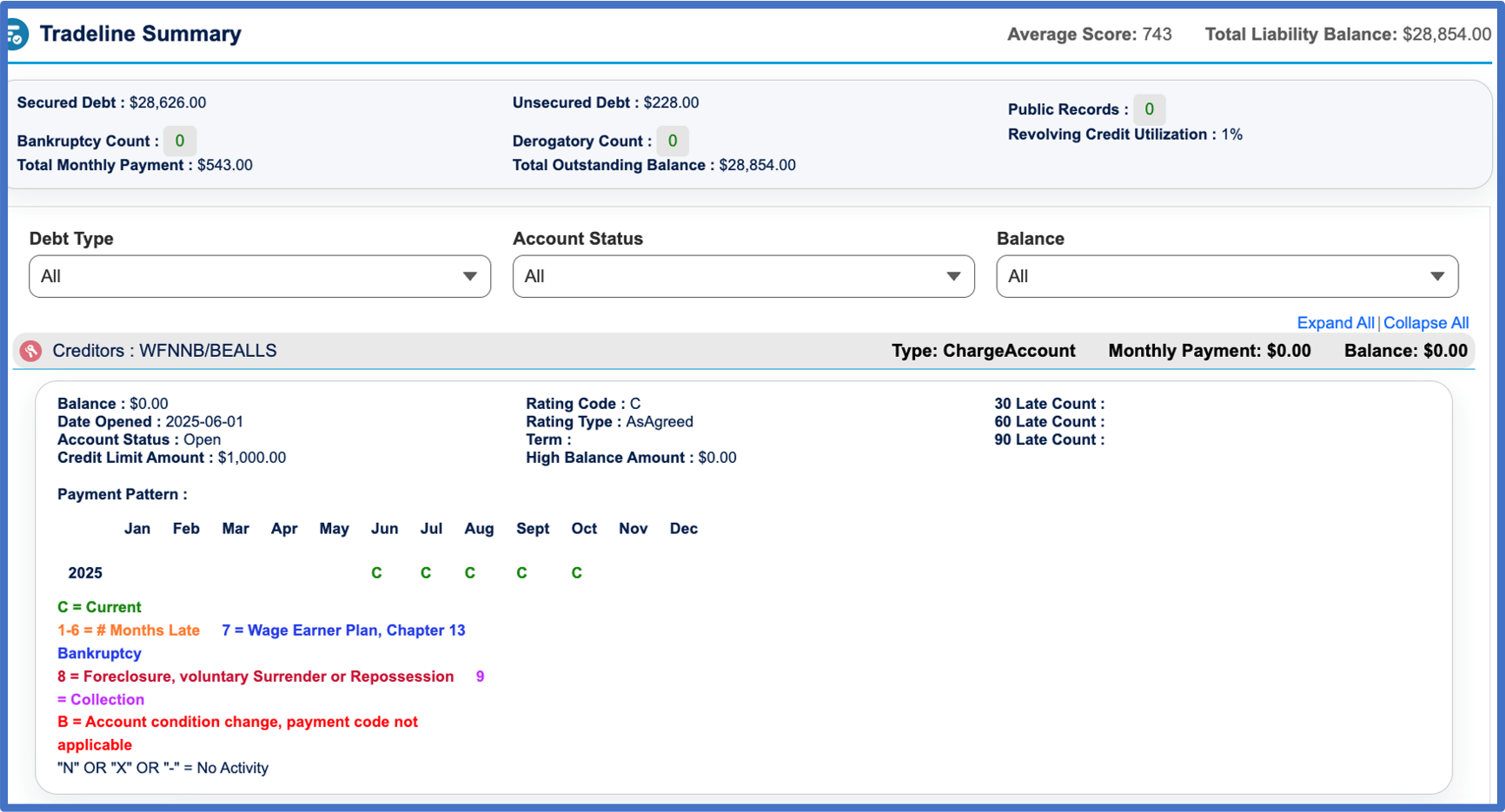 Credit report summary showing secured debt, average score, no late payments, open account