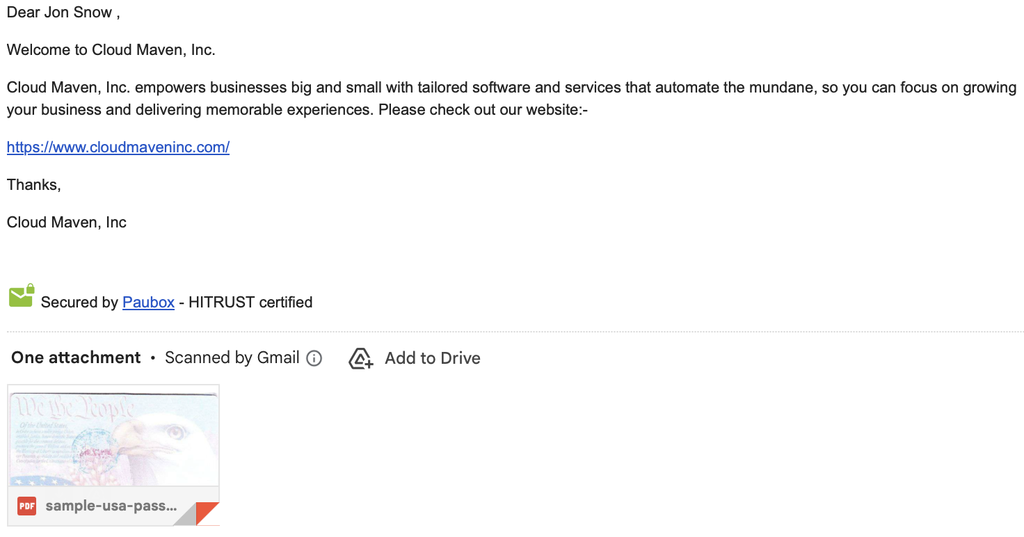 Email showing a welcome message with a link and Paubox security note.
