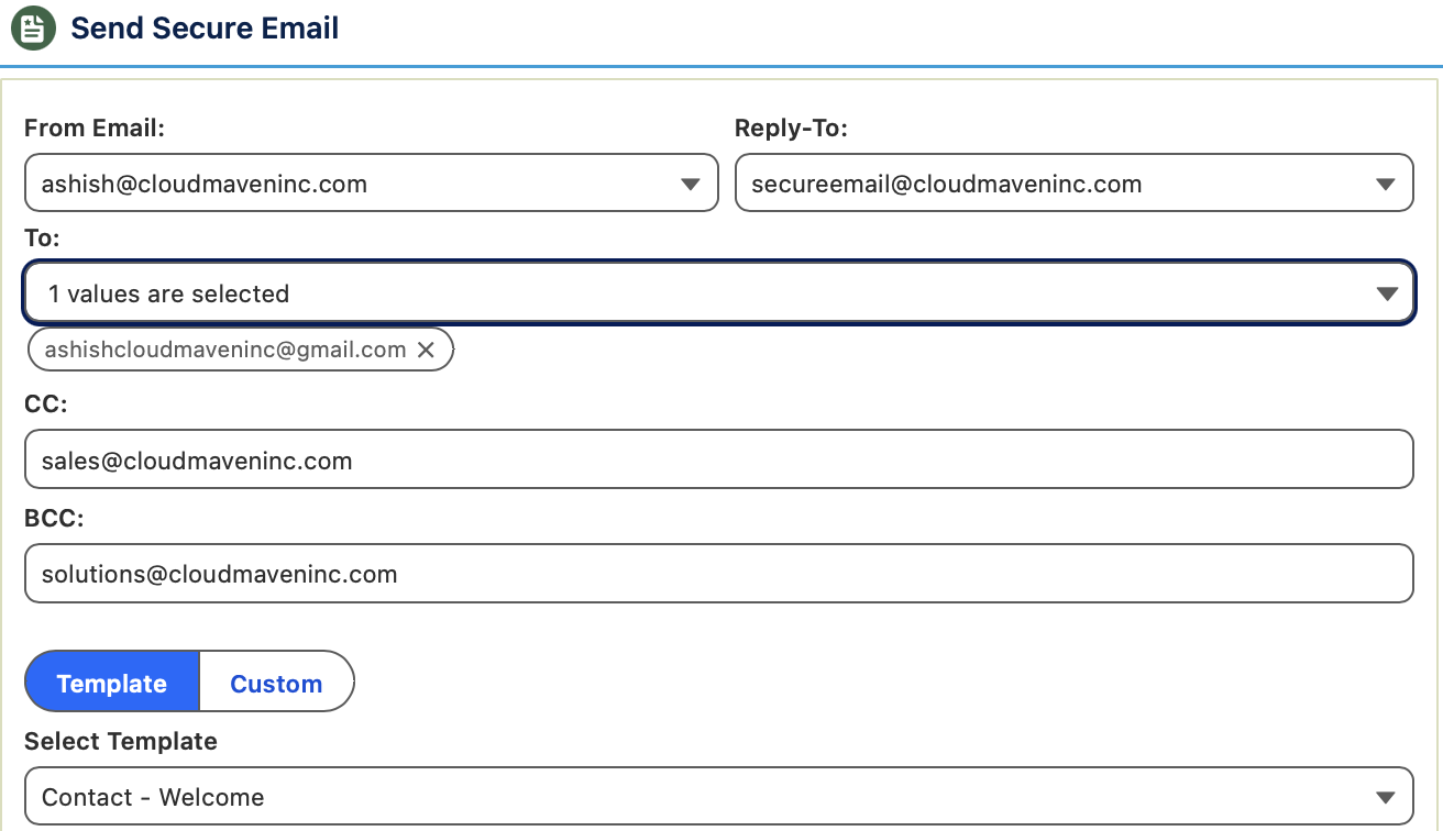 Email form with from, reply-to, to, cc, bcc fields and a template selection dropdown.