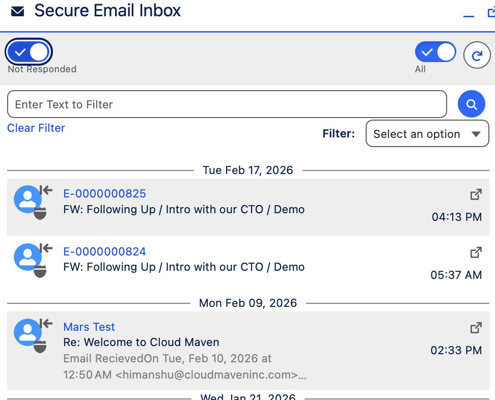 Secure email inbox showing filtered messages with senders, subjects, dates, and times displayed.