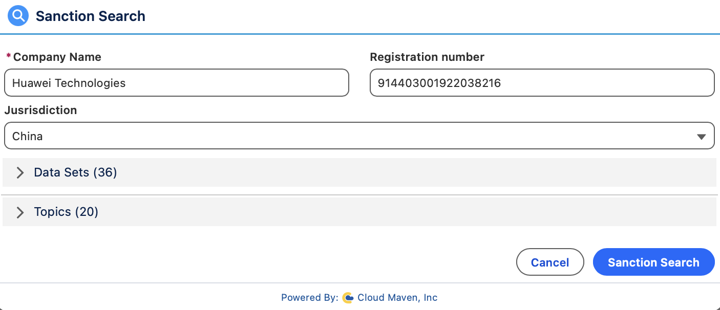 Sanction search form with company name, jurisdiction, and registration number filled.