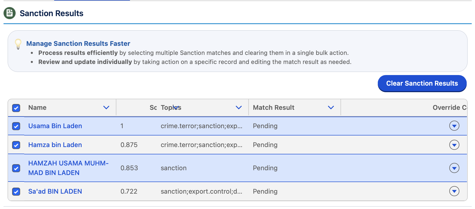 Sanction results screen listing four names with match scores and pending match results for review.