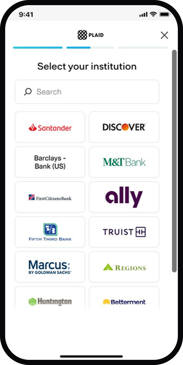 Plaid app screen showing bank logos to select institution including Santander, Discover, M&T, Ally, and others.