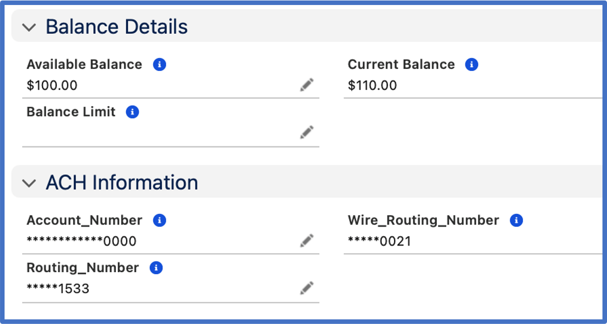 Balance details showing available, current; ACH info with masked account and routing numbers.