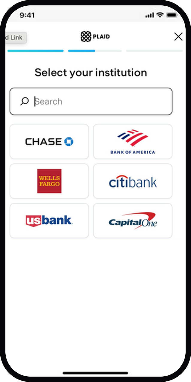 Mobile screen showing Plaid app to select a bank institution with logos of six major banks.