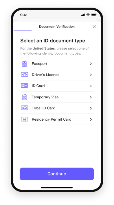 Mobile screen showing document verification with options to select ID type like Passport, Driver's License, or ID Card.