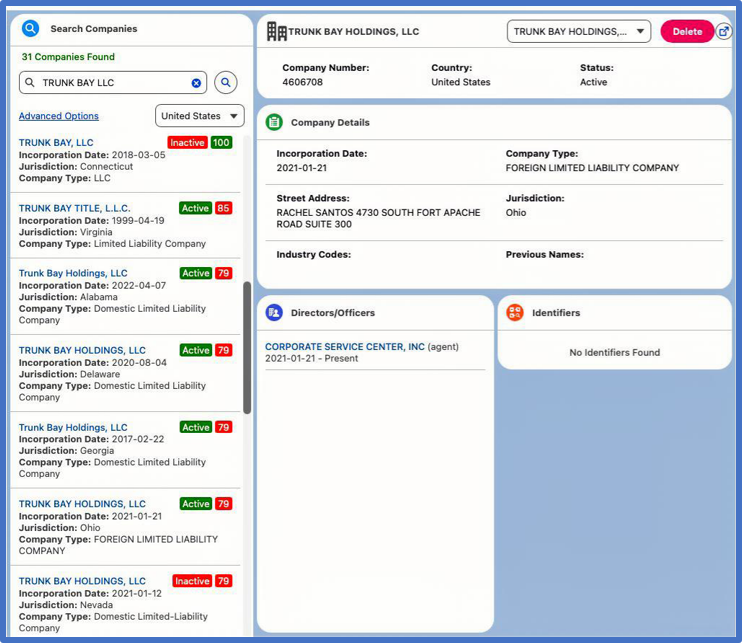 Company search results showing multiple entries with details and active or inactive status.