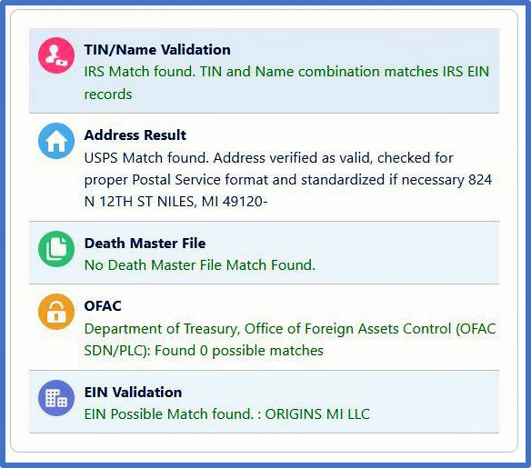IRS and EIN match found; address verified; no death master file match; no OFAC matches found.