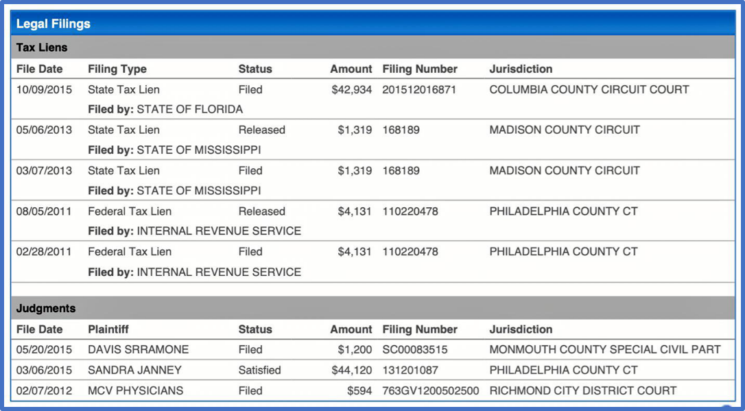 Table listing tax liens and judgments with dates, status, amounts, filing numbers, and jurisdictions.