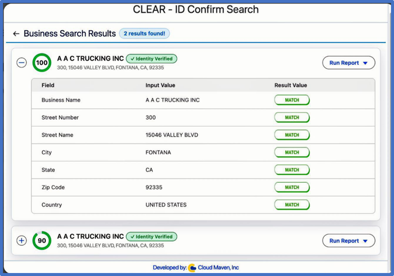 Search results showing two business entries with identity verified