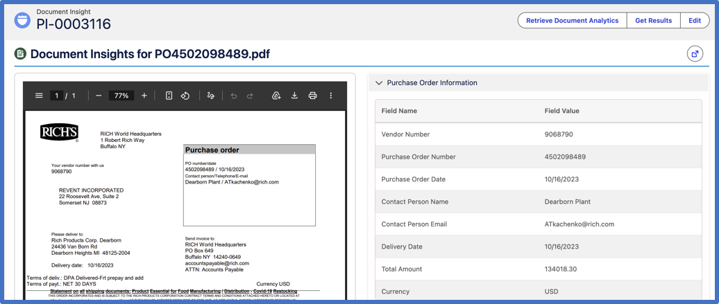 Purchase order document insight showing vendor info, PO number, contact details, delivery date, amount, currency.