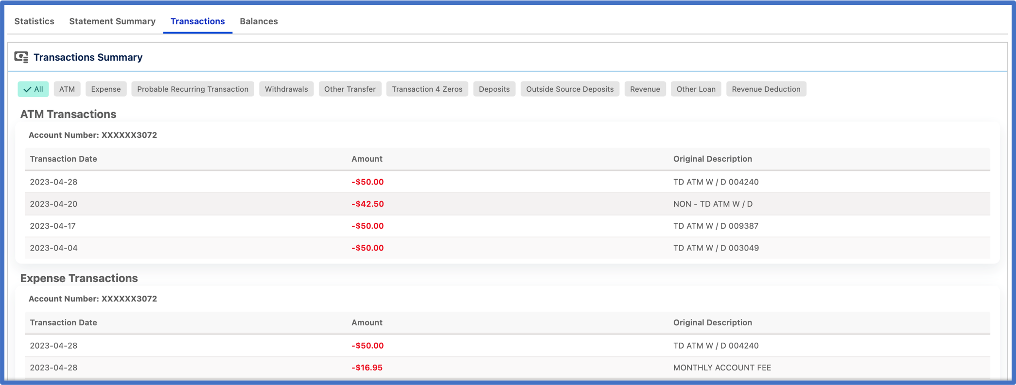 Bank statement interface showing ATM and Expense transactions with dates, amounts, and descriptions.