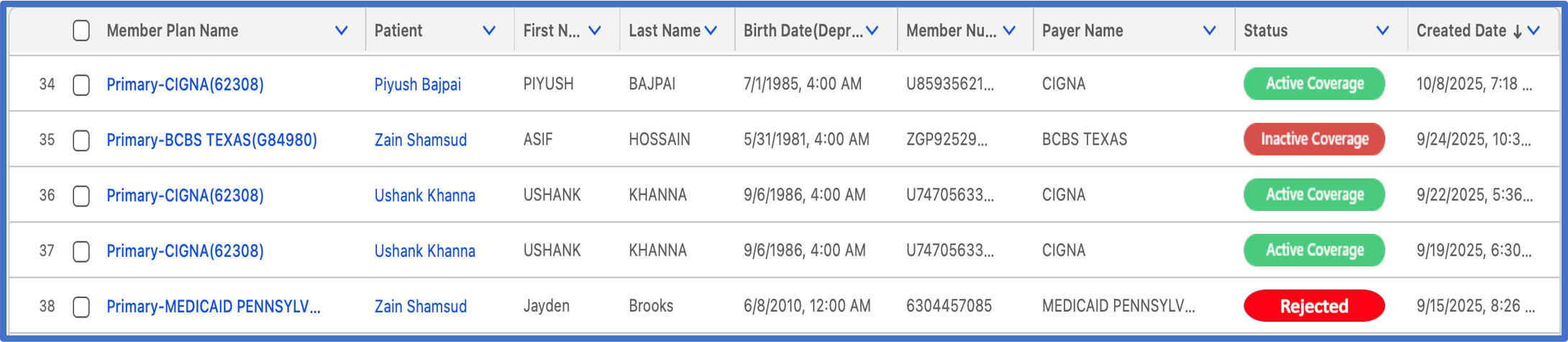 Table showing patient insurance data including plan, patient name, birth date, payer, status, and creation date.