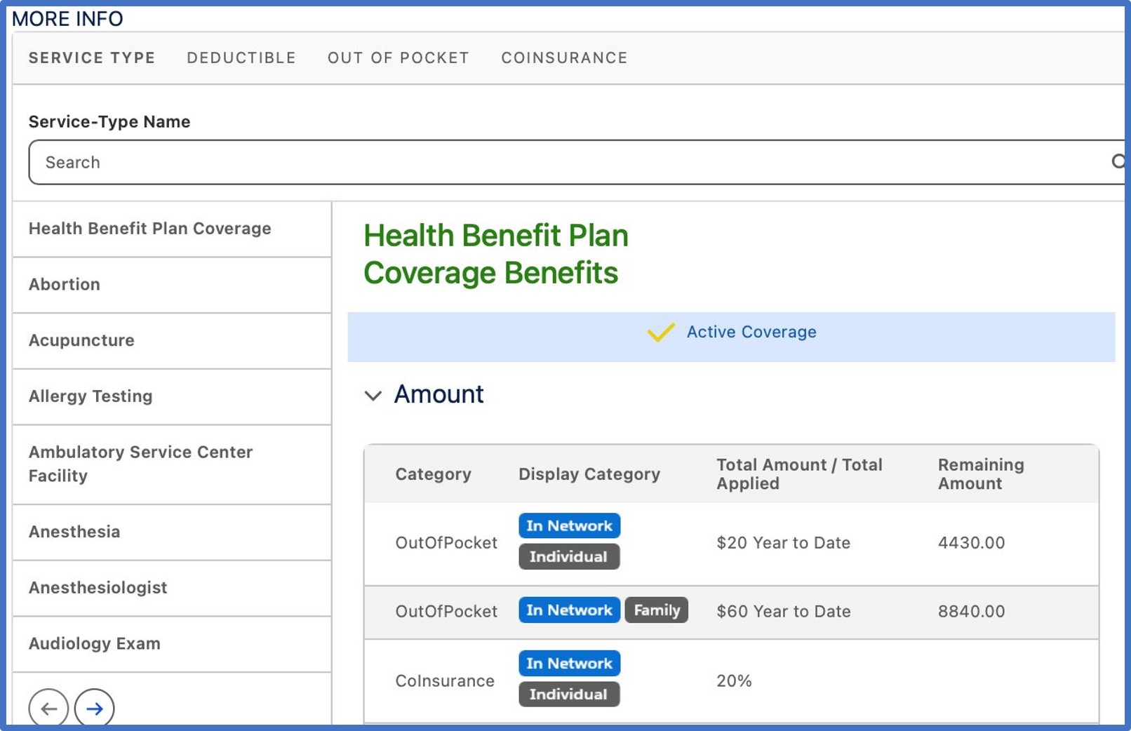 Health Benefit Plan coverage table showing out-of-pocket costs for individual and family, with coinsurance percentage.