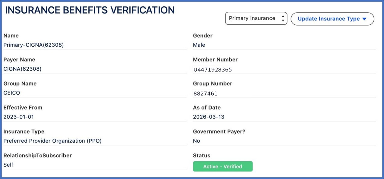 Insurance benefits verification form showing personal and policy details with status active and verified.