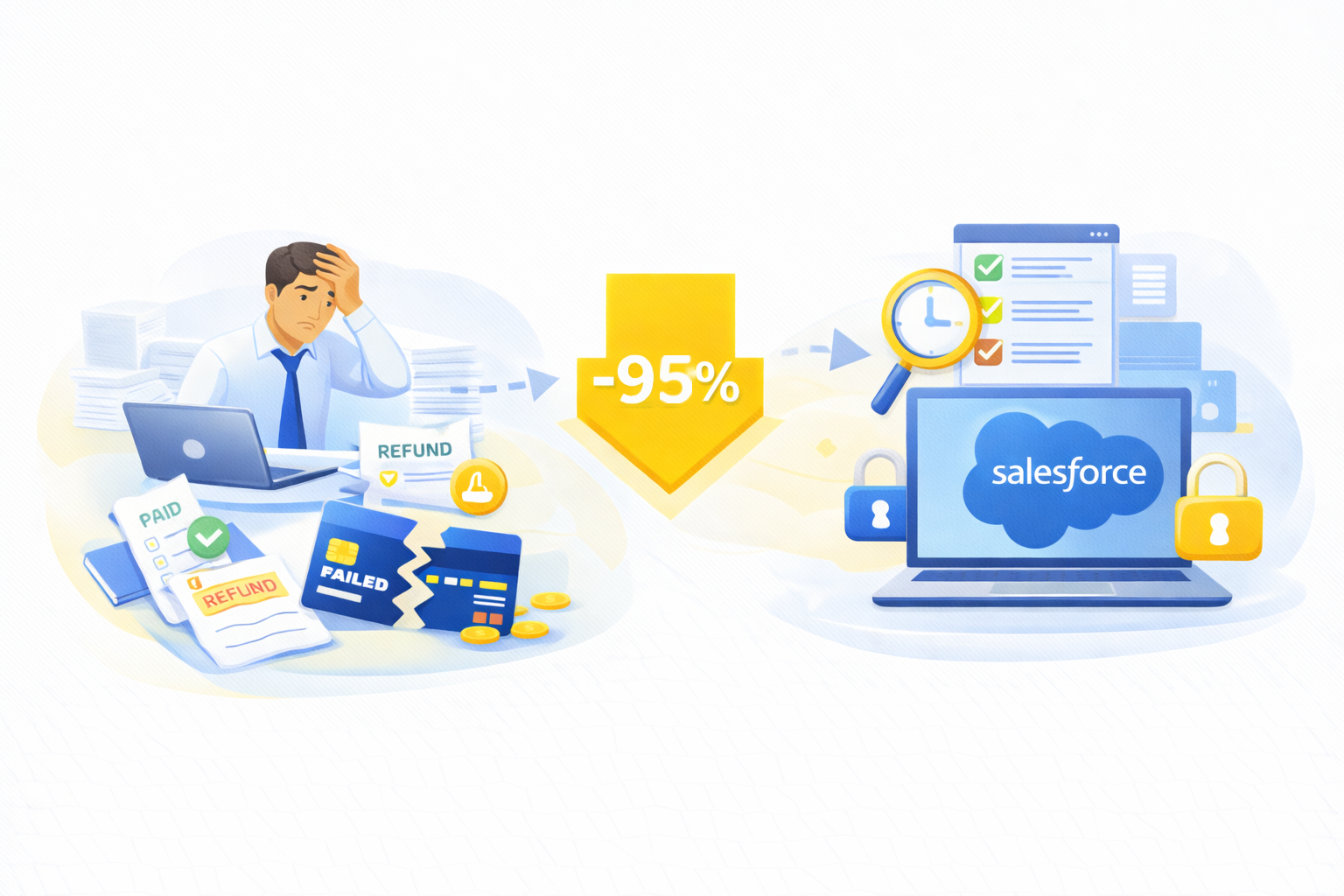 Illustration showing a reduction of reconciliation time by 29%, with a stressed man surrounded by refund and failed payment documents on the left, and a secured Salesforce system with checklists and security locks on the right.