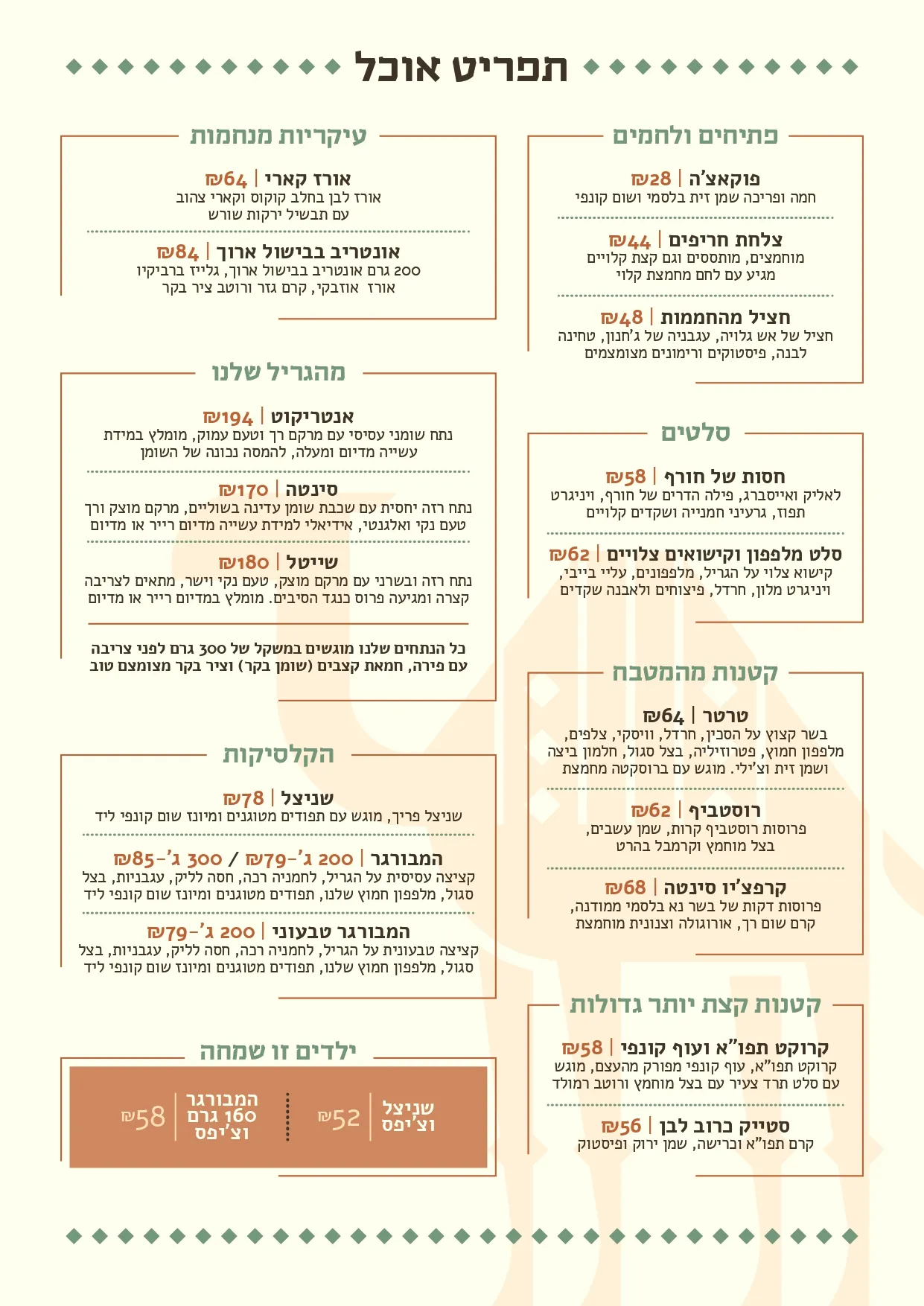 תפריט מסעדת רמונא — פתיחים, סלטים, גריל, פסטות, קלסיקות וקינוחים