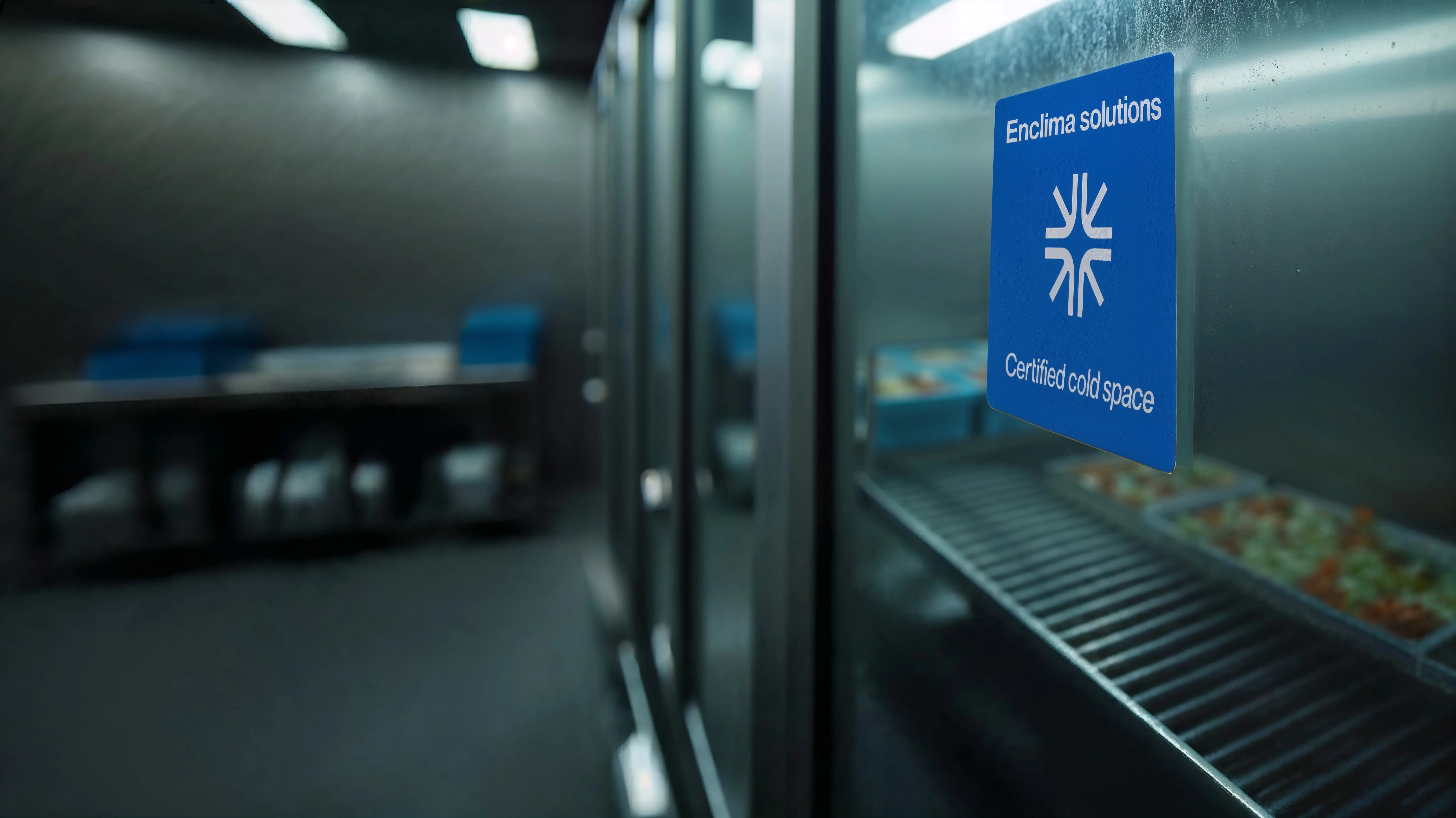 Dörr till ett certifierat kallt utrymme med en blå skylt 'Enclima solutions Certified cold space'.