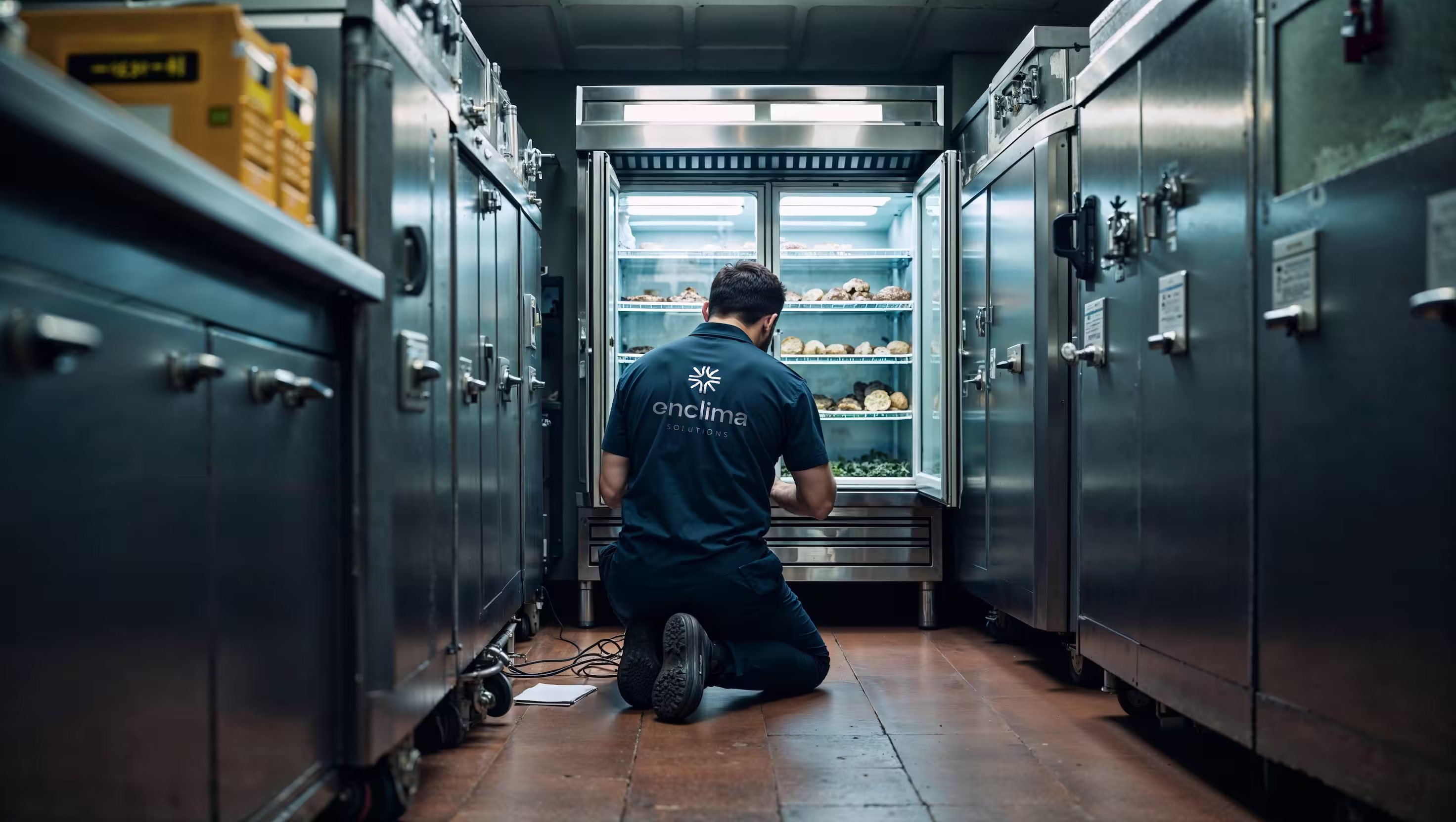 An enclima technician working on a fridge