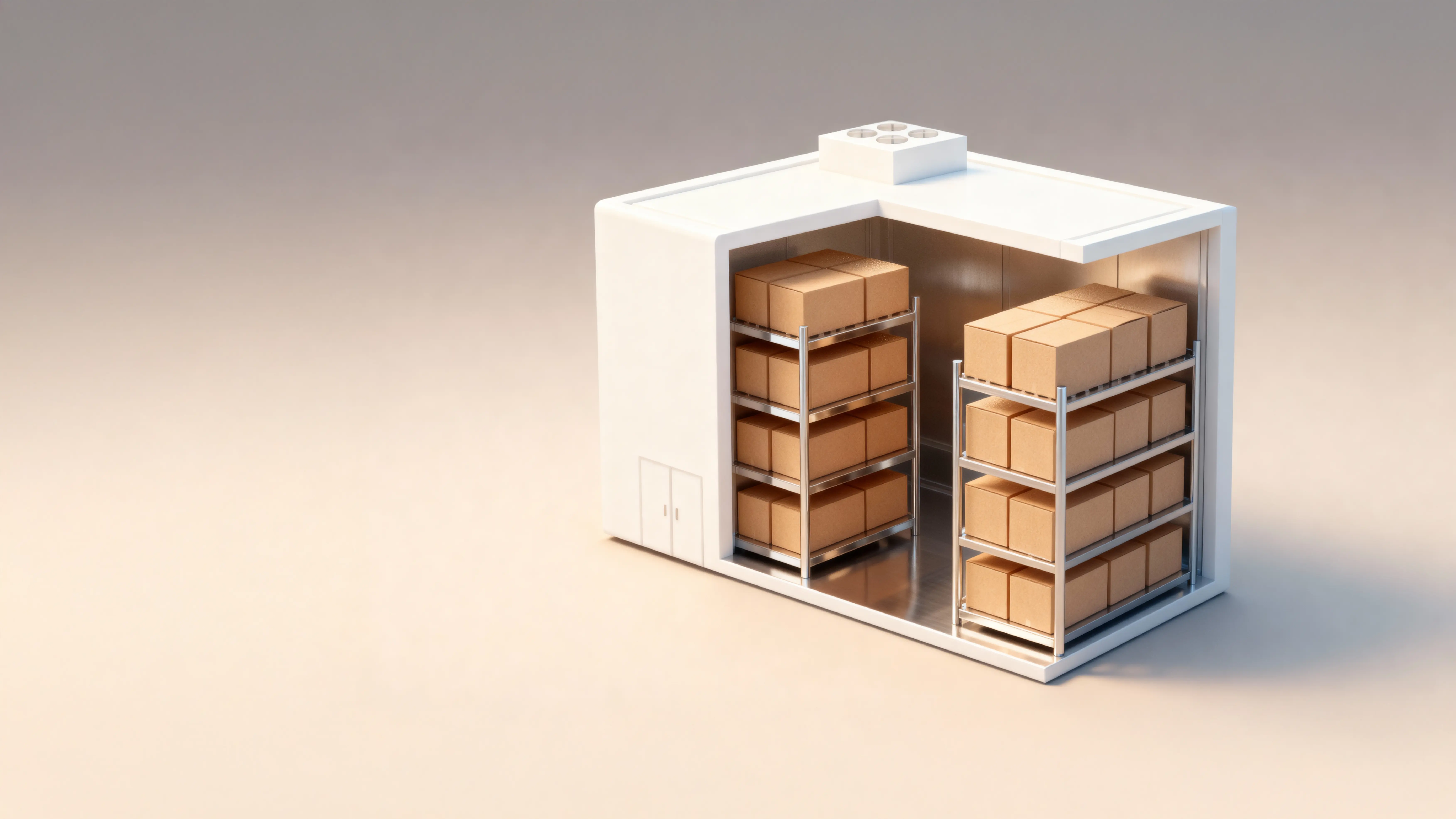 3D-rendering av en vit kylförvaringsenhet med kartonglådor på metallhyllor inuti.