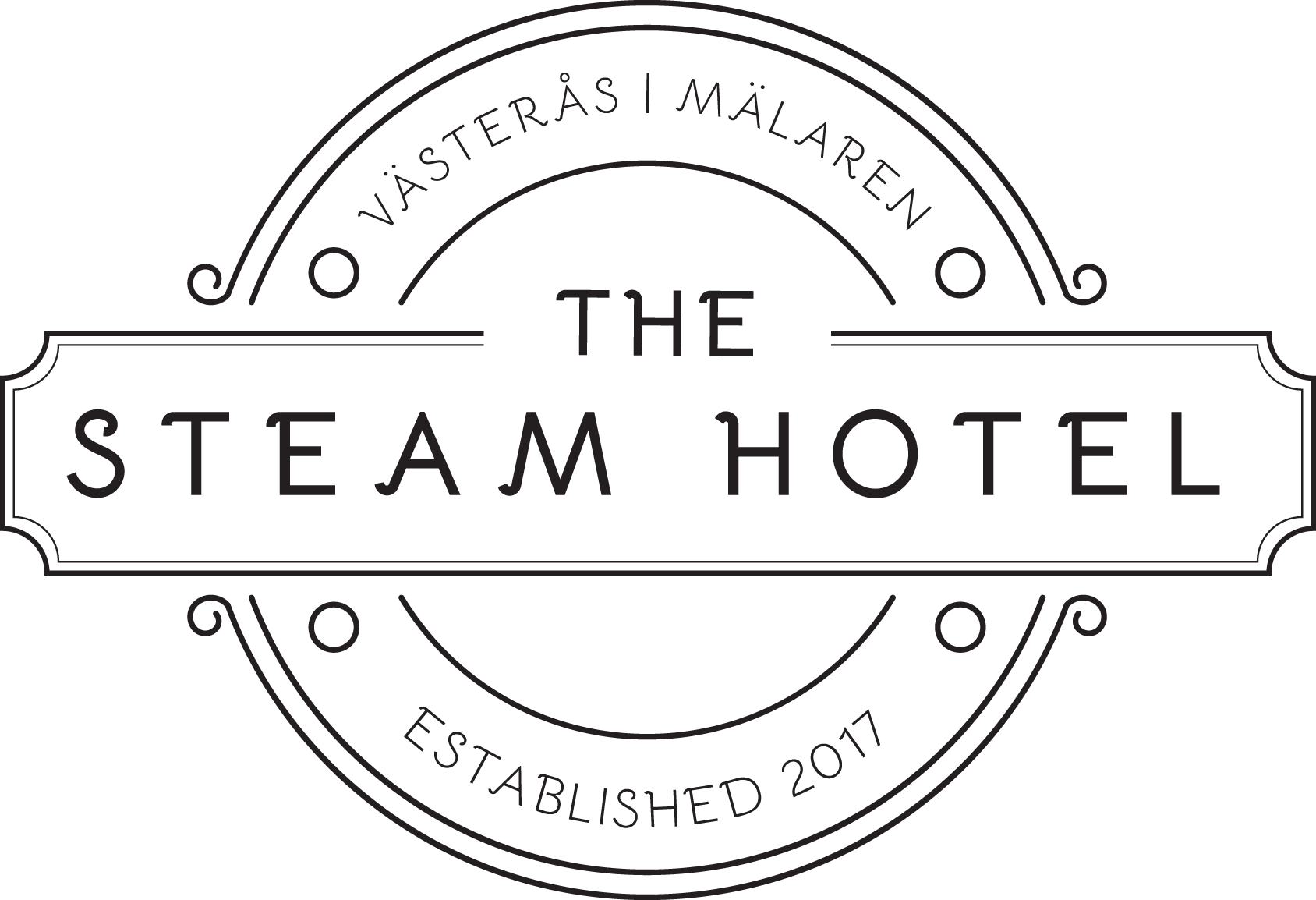Logotyp för The Steam Hotel med texten Västerås i Mälaren och etablerad 2017 i en rund, dekorativ ram.