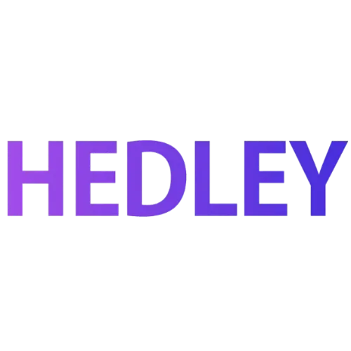 HEDLEY wordmark in bold purple letters on black background.
