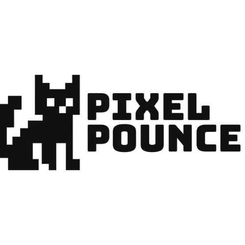 Pixel Pounce logo with pixelated cat and text.