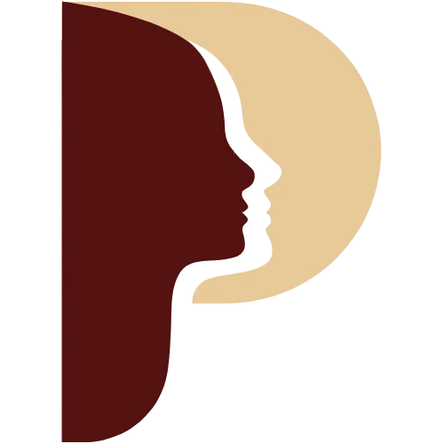 Silhouette of a face in dark brown overlaid with a beige face profile facing opposite direction, forming a stylized letter P.