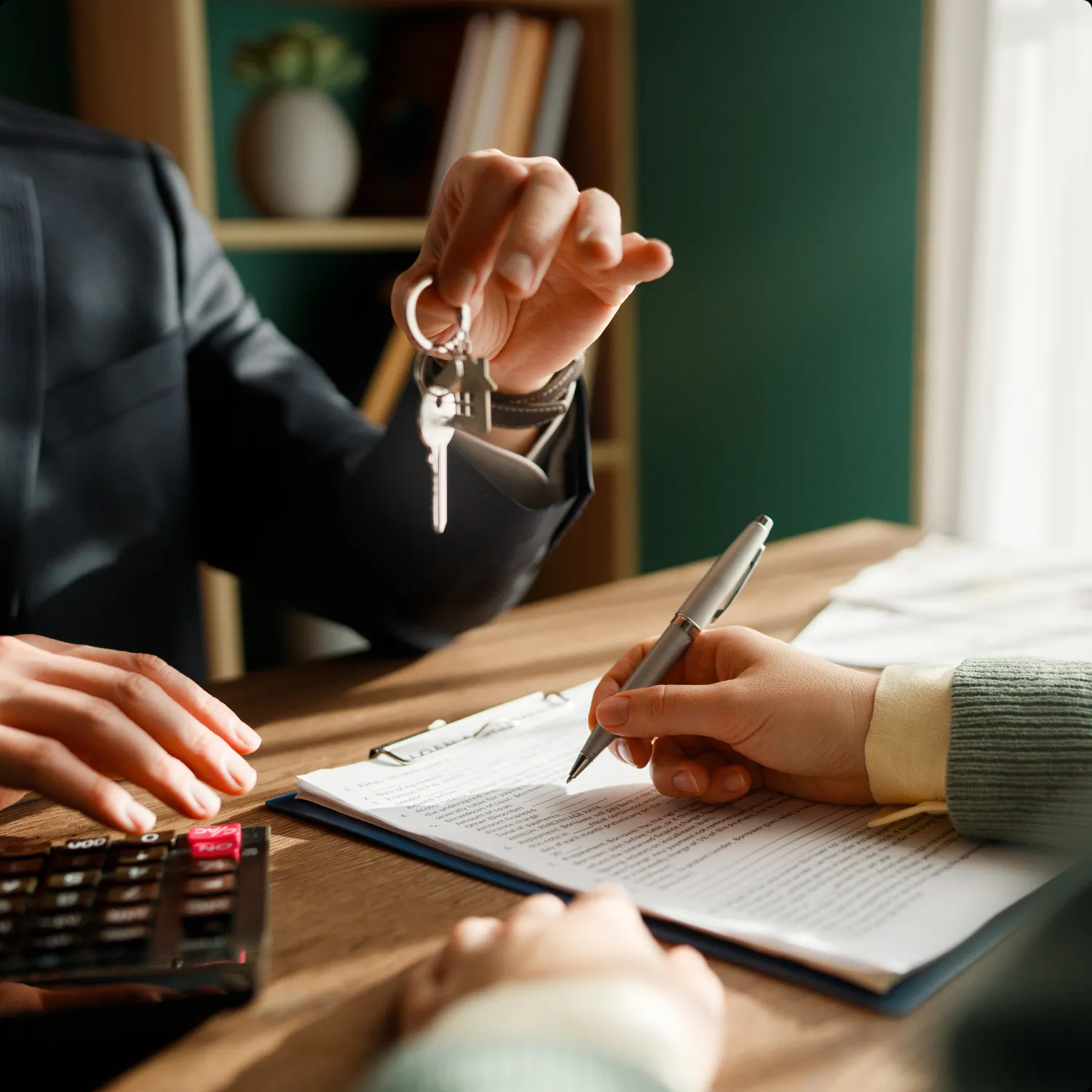 Person holding house keys while another person prepares to sign a document on a wooden table.