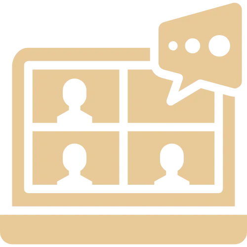 Icon of a laptop screen with three user silhouettes in a video call grid and a speech bubble with ellipsis.