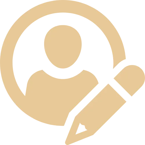 Beige icon of a user silhouette inside a circle with a pencil next to it, representing profile editing.