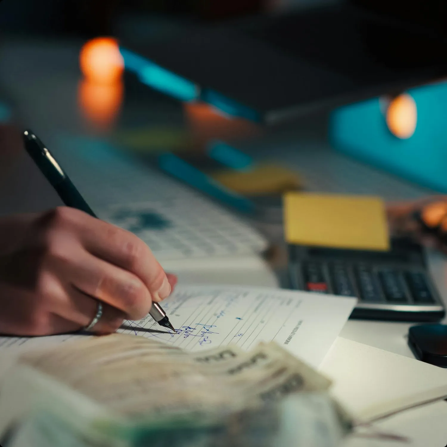 Person writing on a financial document with a pen near a keyboard, calculator, and blurred currency notes.