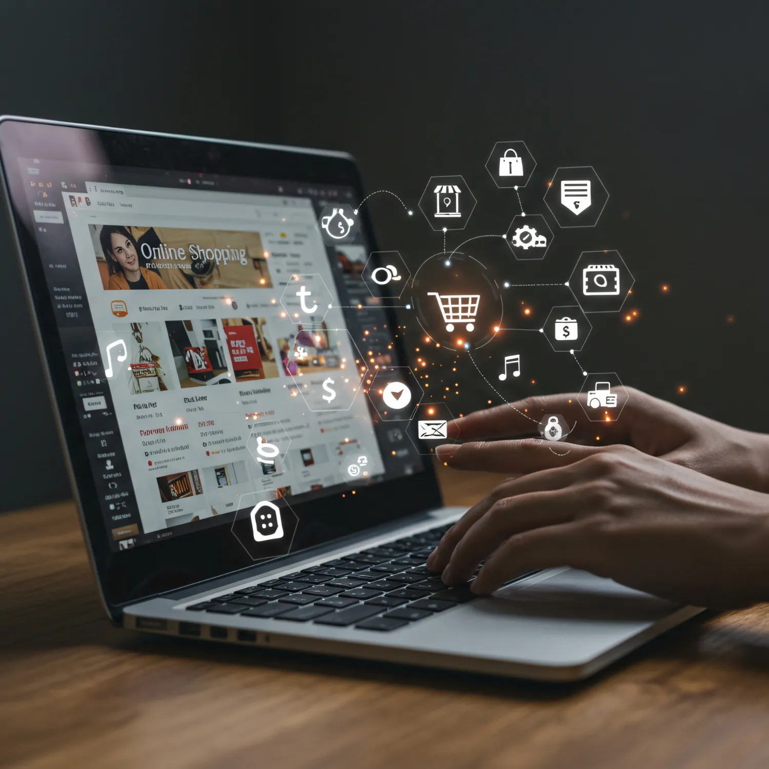 Hands typing on a laptop showing an online shopping website with digital ecommerce icons floating above the keyboard.