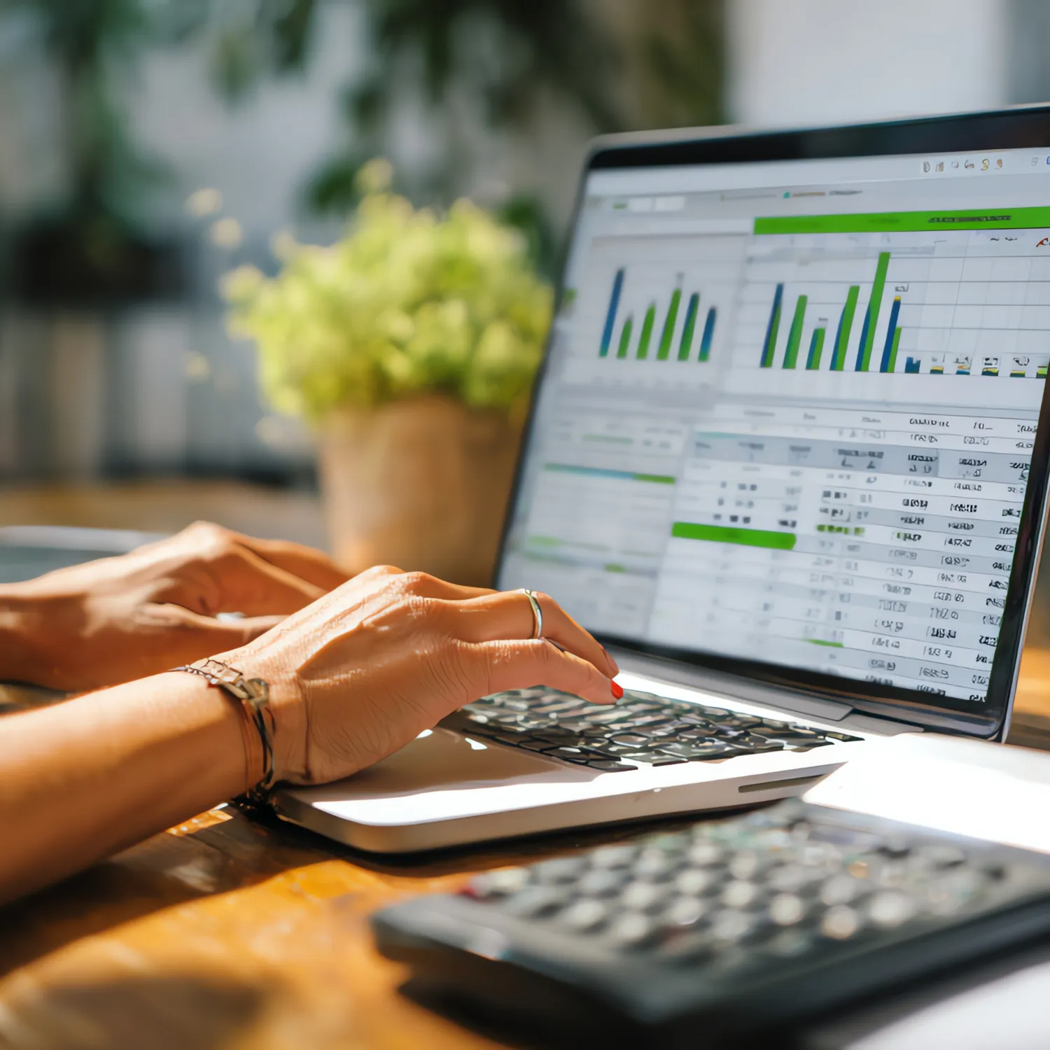 Person typing on a laptop displaying financial charts and tables, with a calculator and a blurred plant in the background.