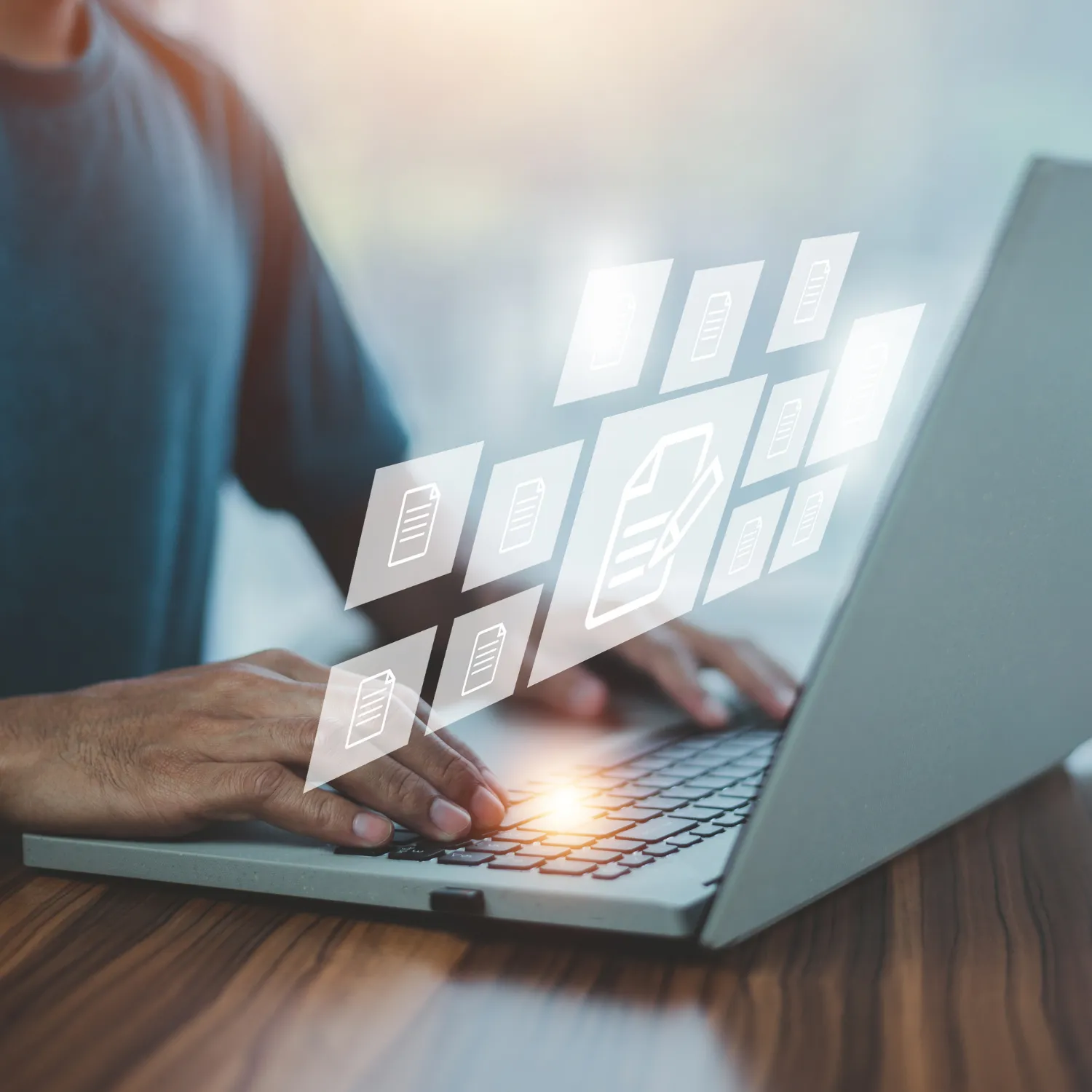 Person typing on a laptop keyboard with floating digital document icons above the keys.