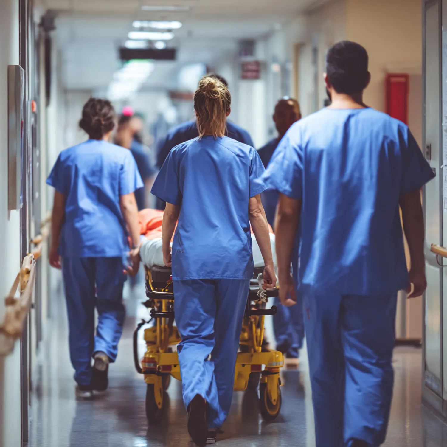 Medical staff in blue scrubs pushing a patient on a stretcher down a hospital corridor.