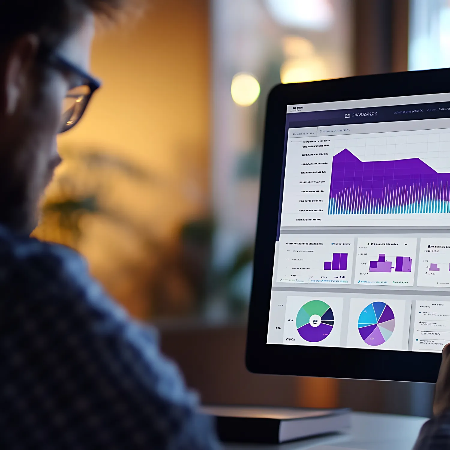 Person with glasses analyzing purple and blue data charts on a desktop monitor in a dimly lit room.