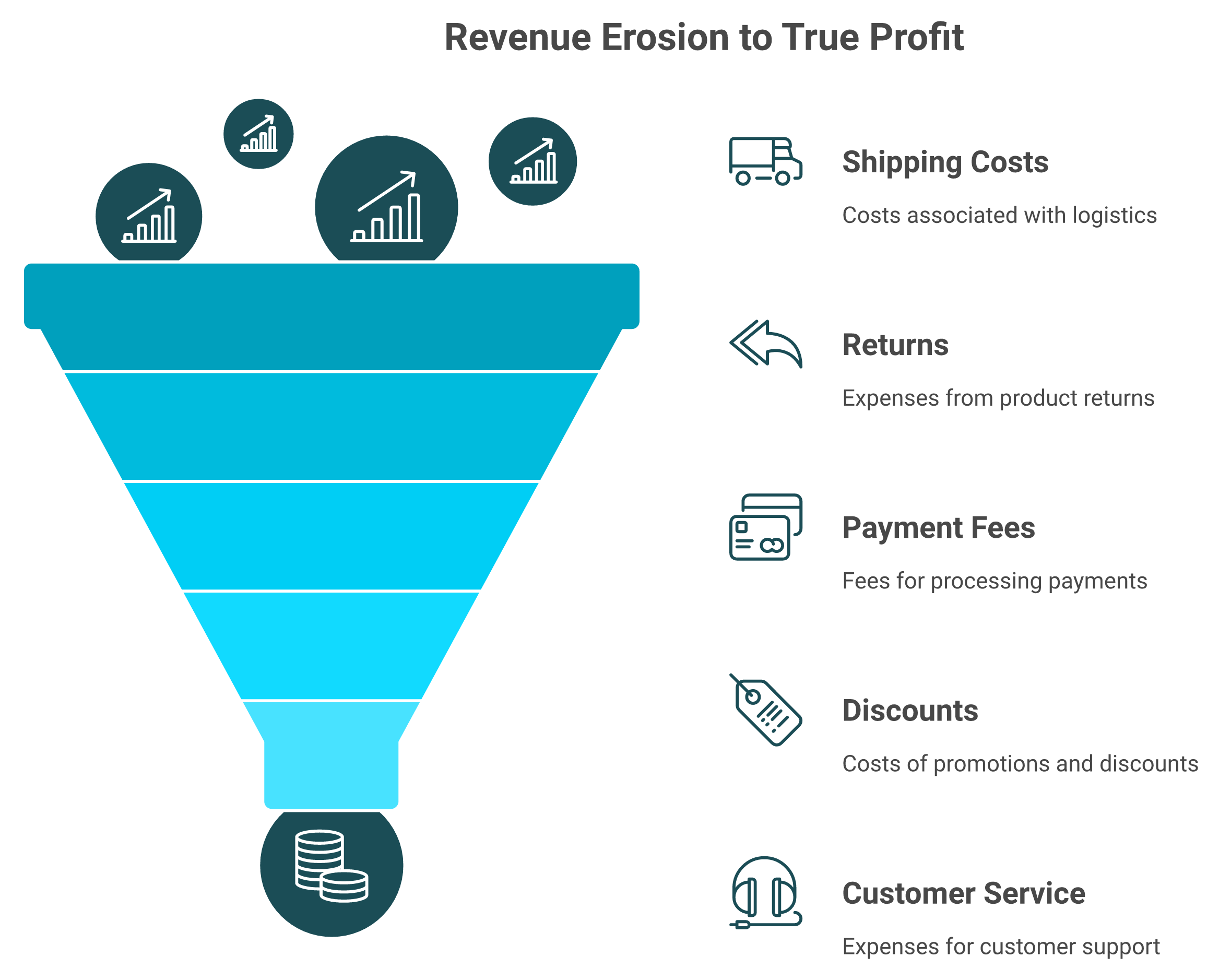 Funnel showing ecommerce revenue eroded by shipping, returns, fees, and discounts into small true profit
