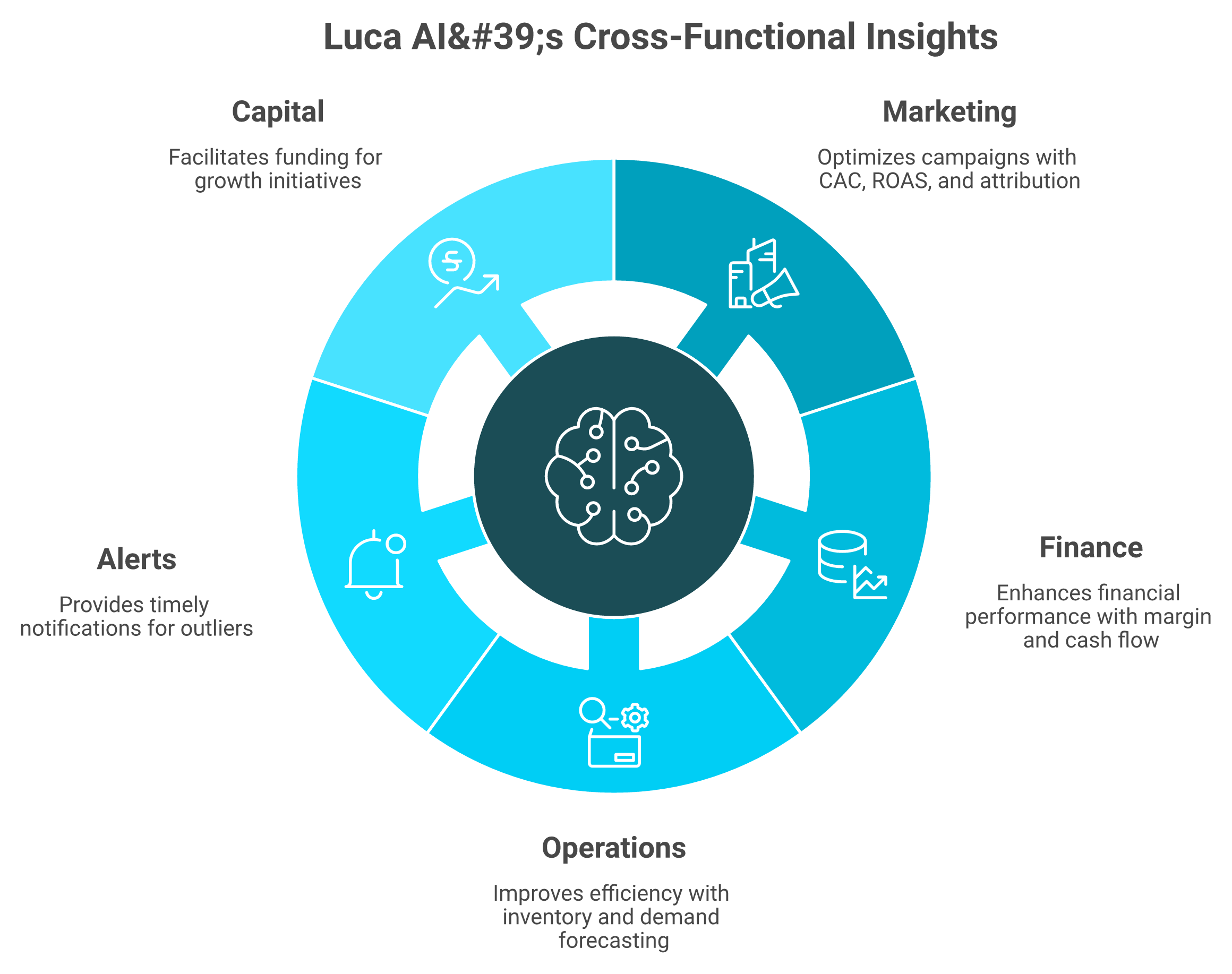Radial hub diagram of Luca AI connecting marketing, finance, operations, alerts, and capital from one center