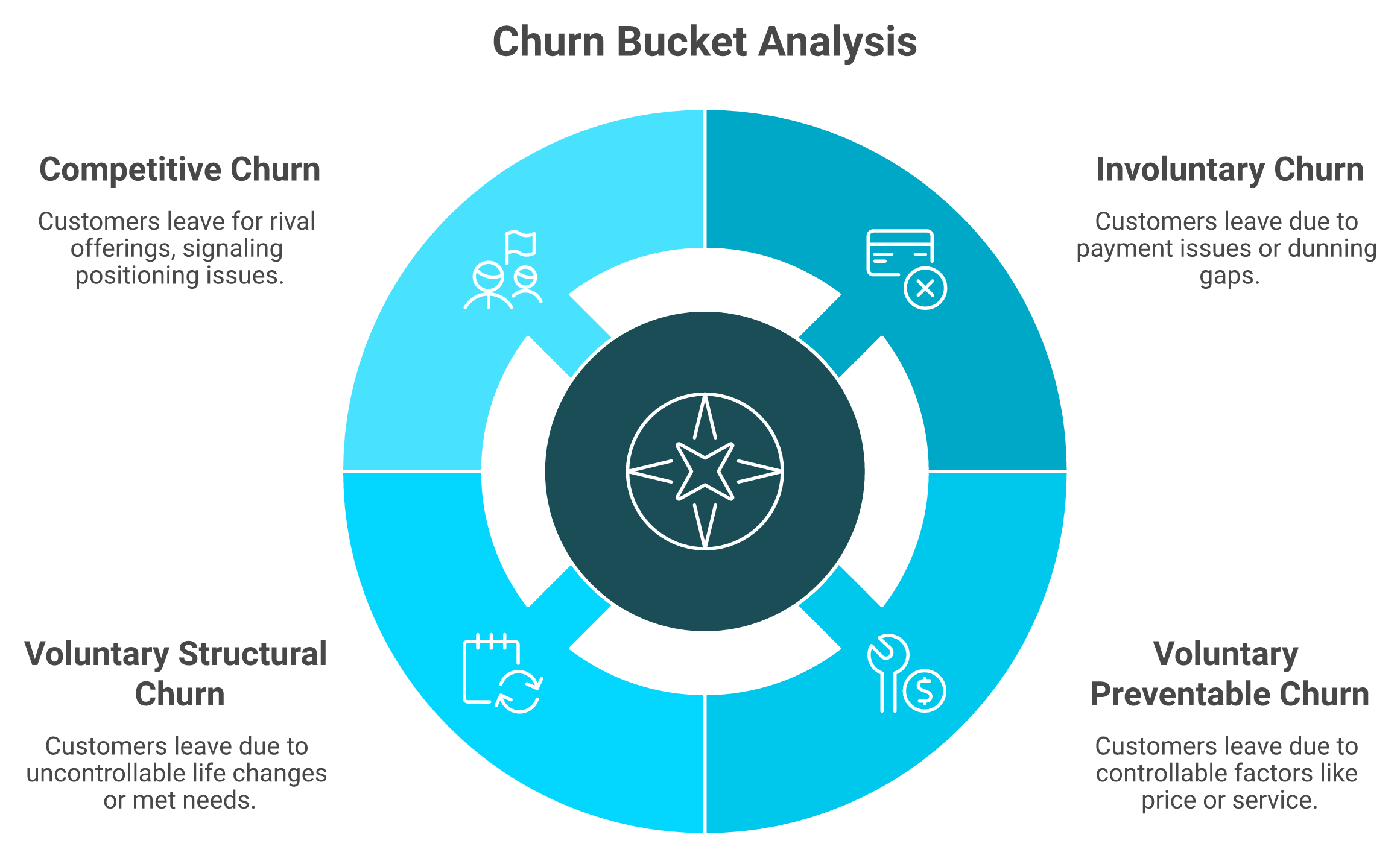 Radial diagram of four churn buckets: involuntary, voluntary preventable, structural, and competitive