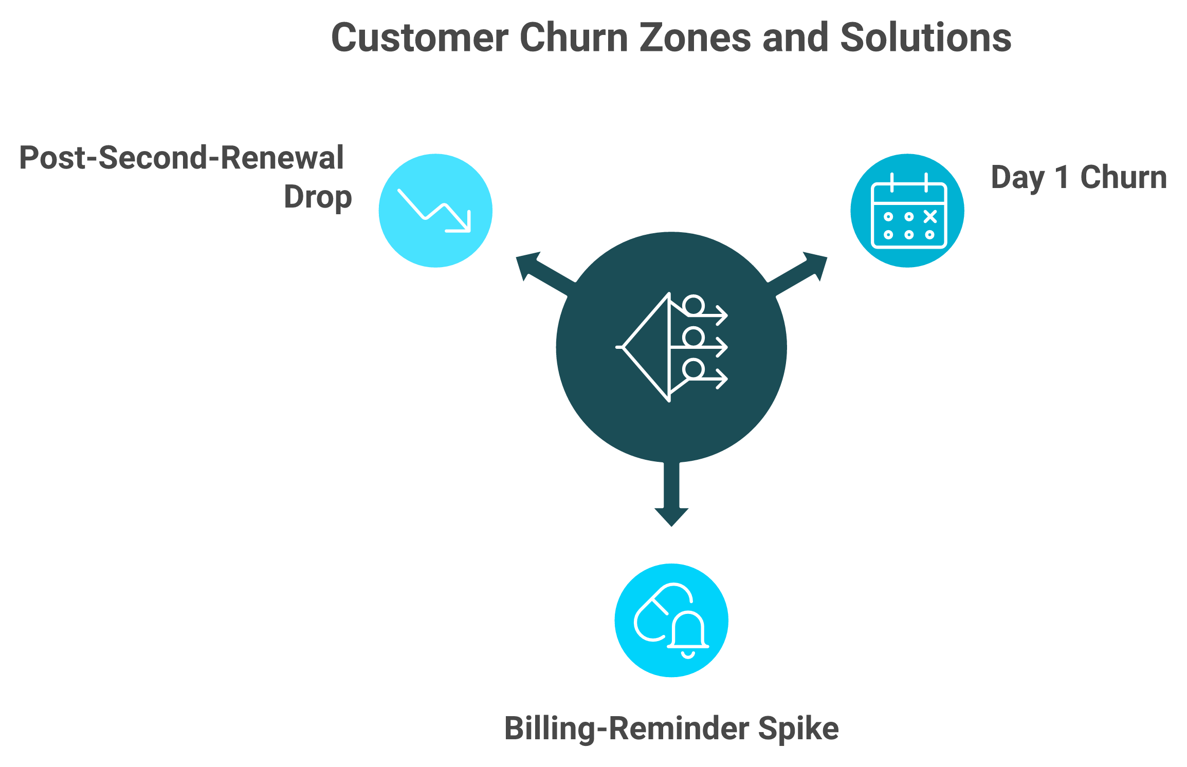 Radial diagram showing three ecommerce churn zones: Day 1, billing reminder spike, and second renewal drop