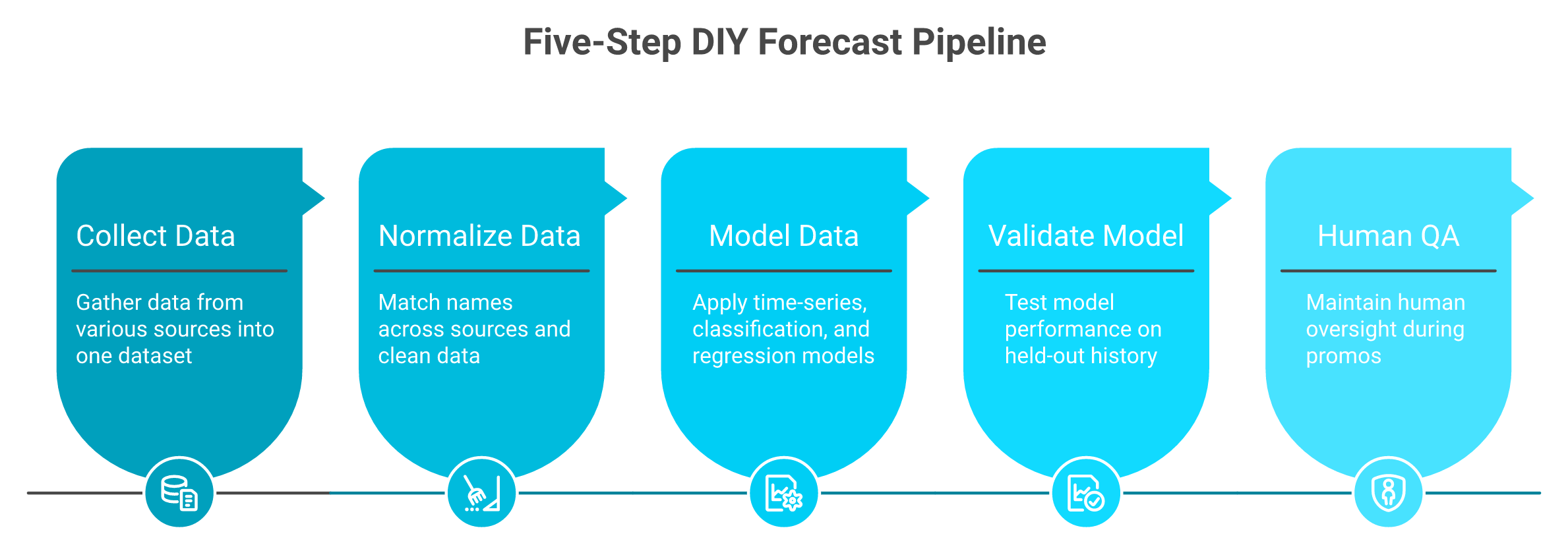 Five-step ecommerce forecasting pipeline with normalization flagged as the failure point