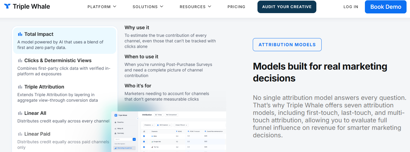Triple Whale attribution models page showing Total Impact, Triple Attribution and Linear Paid options for DTC marketers.