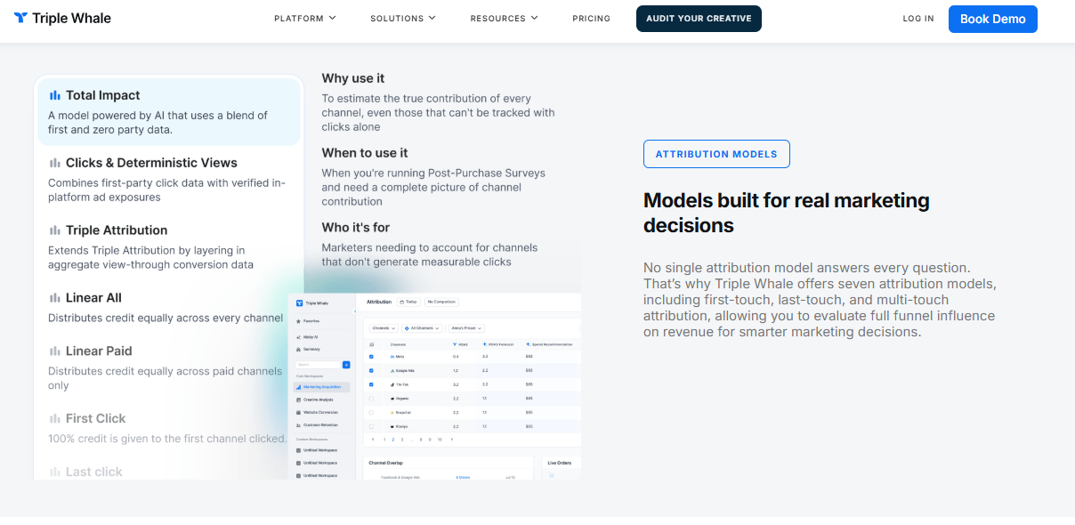 Triple Whale attribution models page listing Total Impact, Triple Attribution, linear, first-click, and last-click options